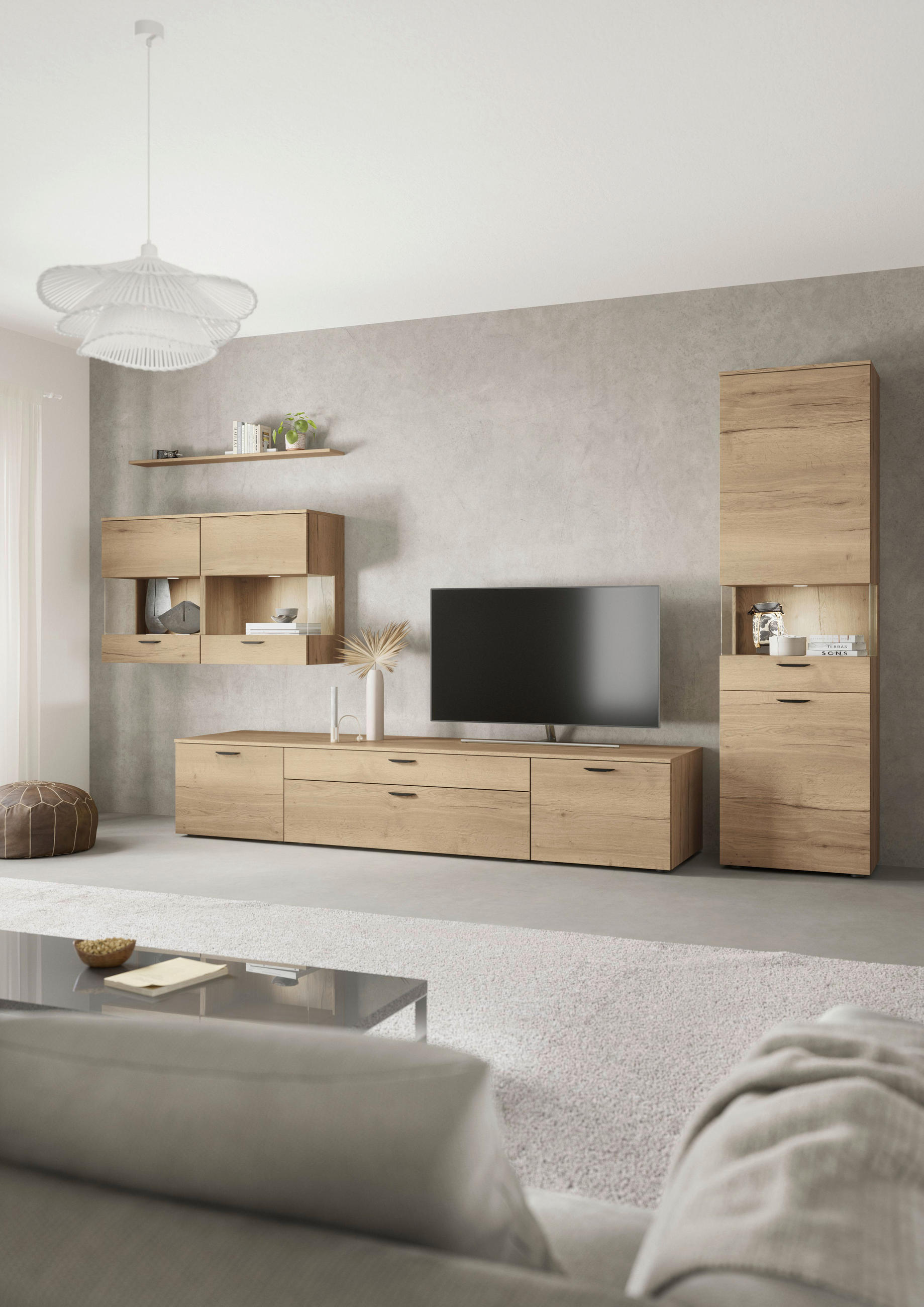 WOHNWAND  in Eichefarben  380,3/205,2/58,5 cm  - Eichefarben/Schwarz, Design, Glas/Holzwerkstoff (380,3/205,2/58,5cm) - Celina Home