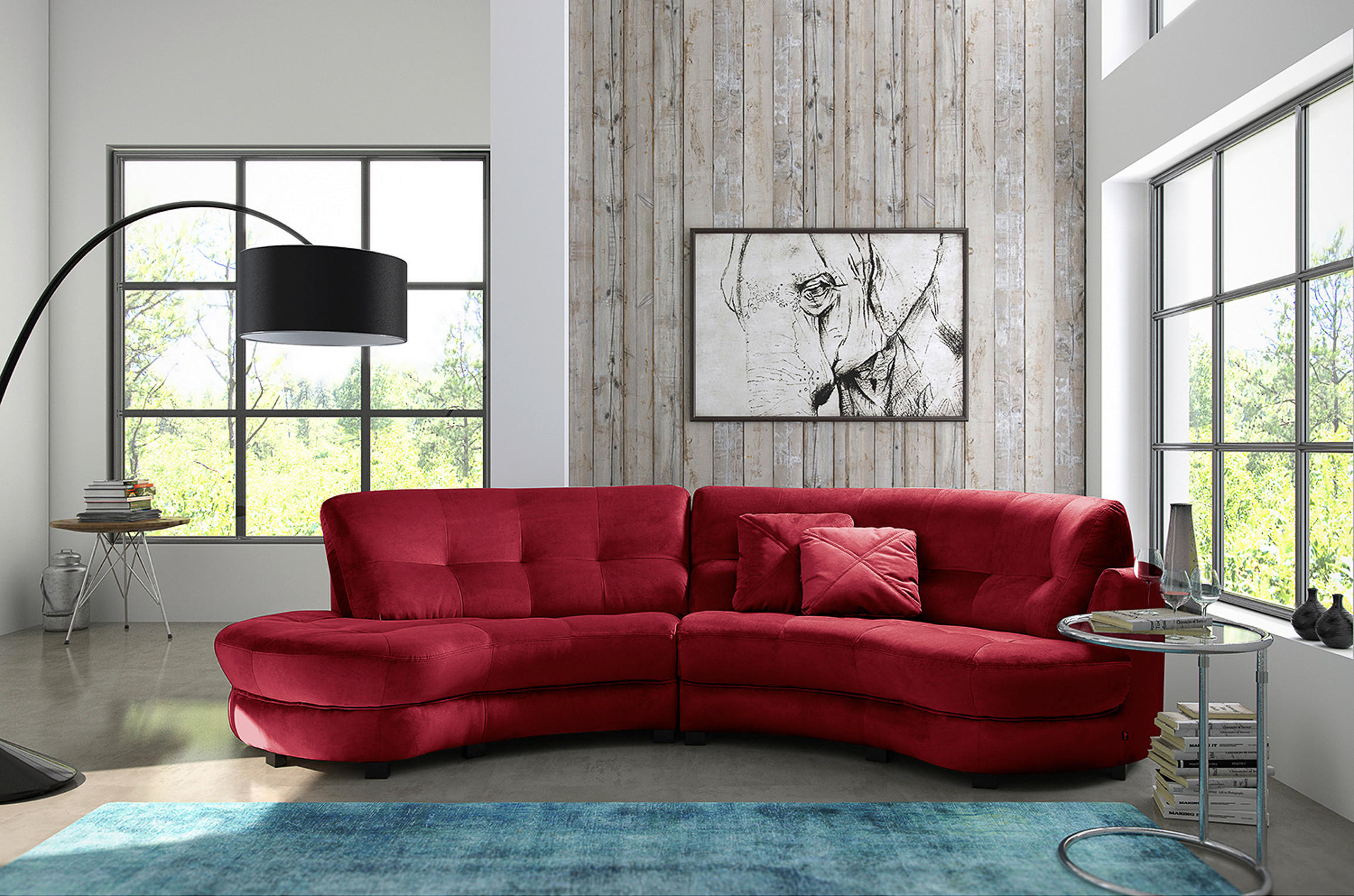 ECKSOFA in Samt Bordeaux  113/300 cm  - Bordeaux/Schwarz, Design, Kunststoff/Textil (113/300cm) - Livetastic