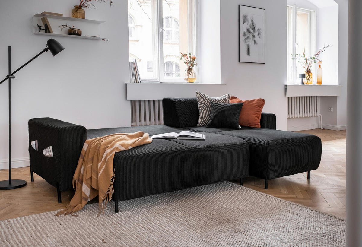 ECKSOFA Dunkelgrau Cord  - Dunkelgrau/Schwarz, Textil/Metall (260/165cm) - MID.YOU