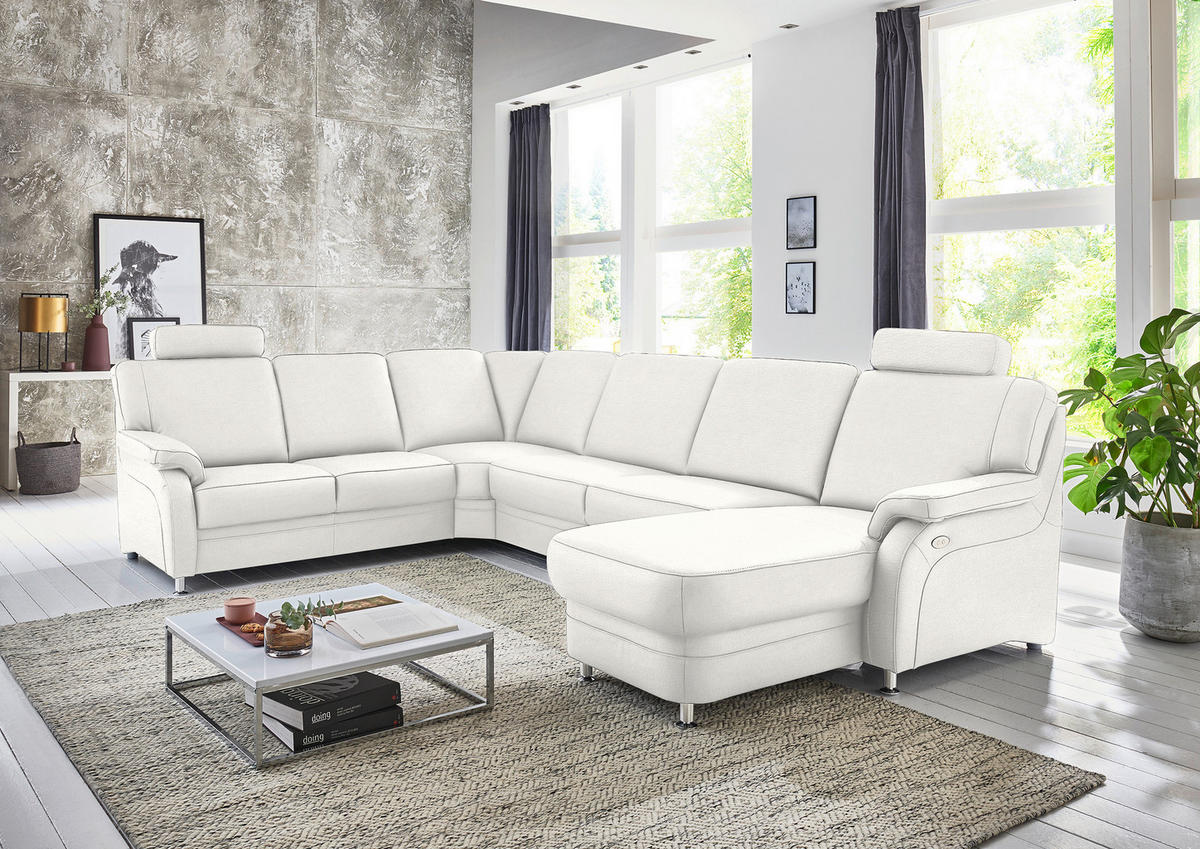 WOHNLANDSCHAFT Echtleder Weiss  - Weiss/Alufarben, Konventionell, Leder/Metall (239/329/165cm) - Beldomo Premium