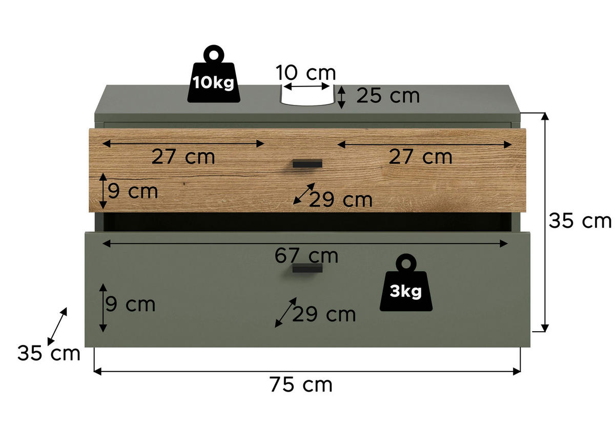 WASCHBECKENUNTERSCHRANK 75/35/35 cm  - Eichefarben/Schwarz, Trend, Holzwerkstoff/Kunststoff (75/35/35cm) - MID.YOU