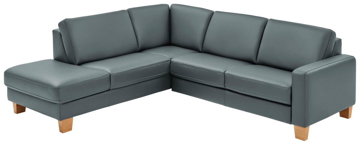 ECKSOFA in Echtleder Blaugrau  - Eiche Bianco/Blaugrau, Konventionell, Leder/Holz (235/257cm) - Valdera