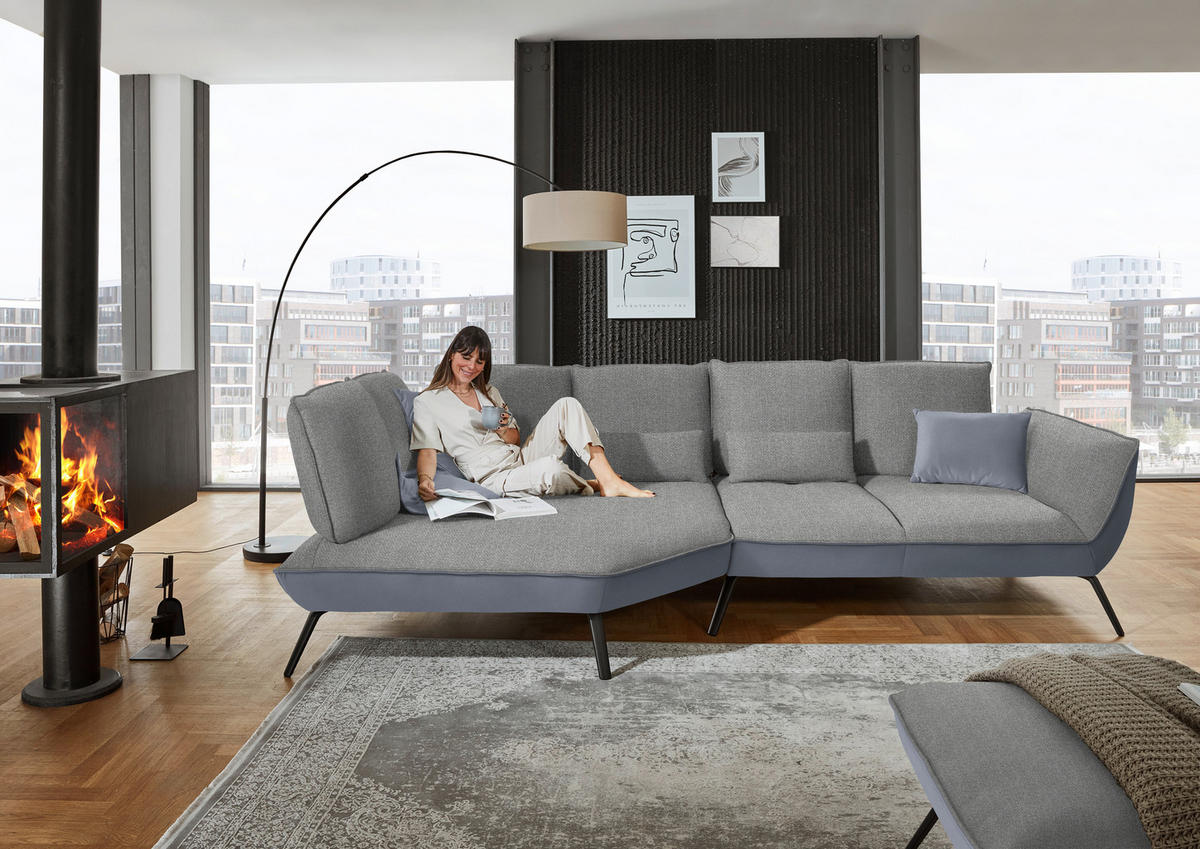 ECKSOFA in Flachgewebe Hellgrau  169/320 cm  - Hellgrau/Schwarz, Design, Textil/Metall (169/320cm) - Moderano