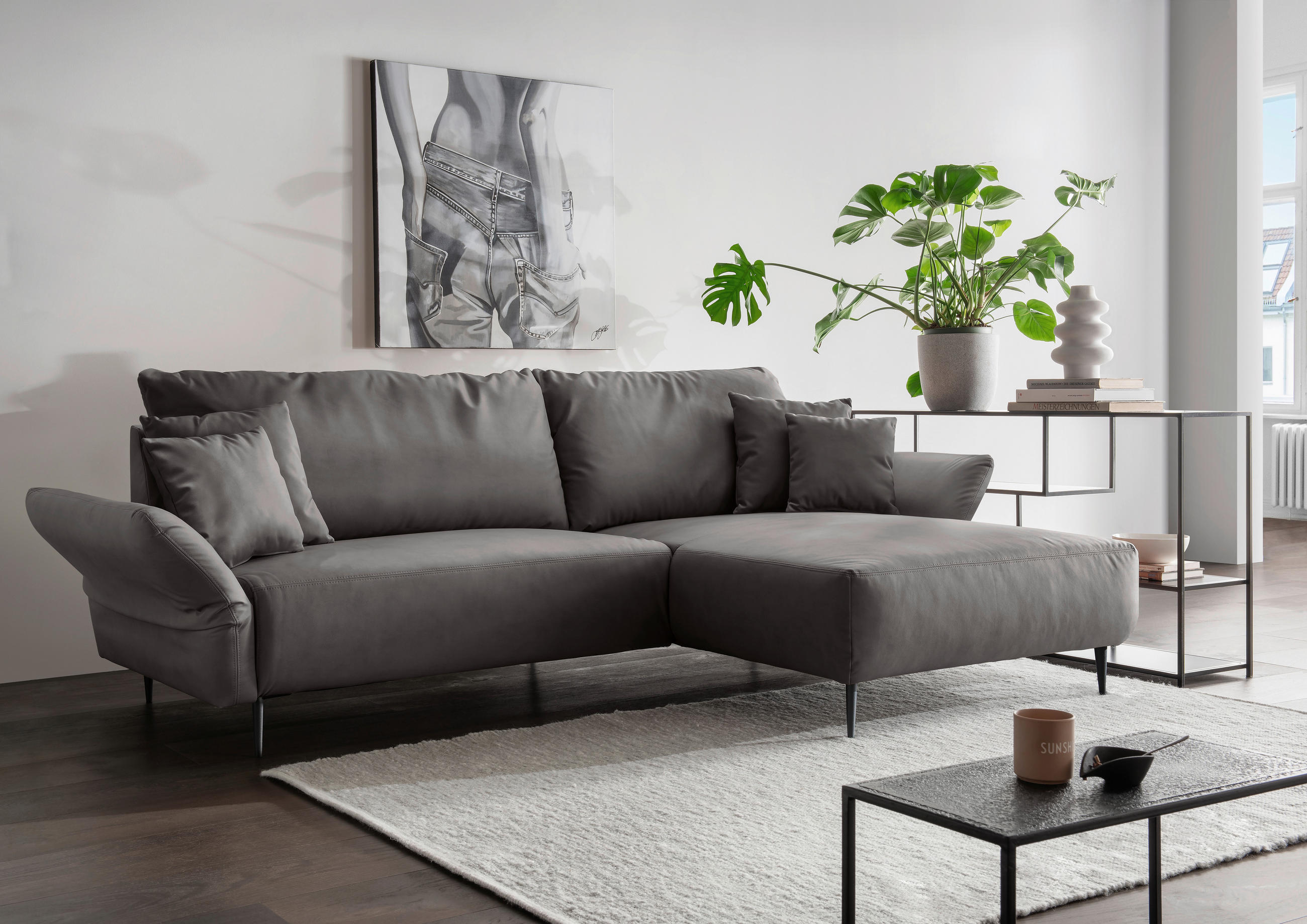 ECKSOFA Anthrazit Lederlook - Anthrazit/Schwarz, Design, Textil/Metall (178/264-302cm) - Livetastic
