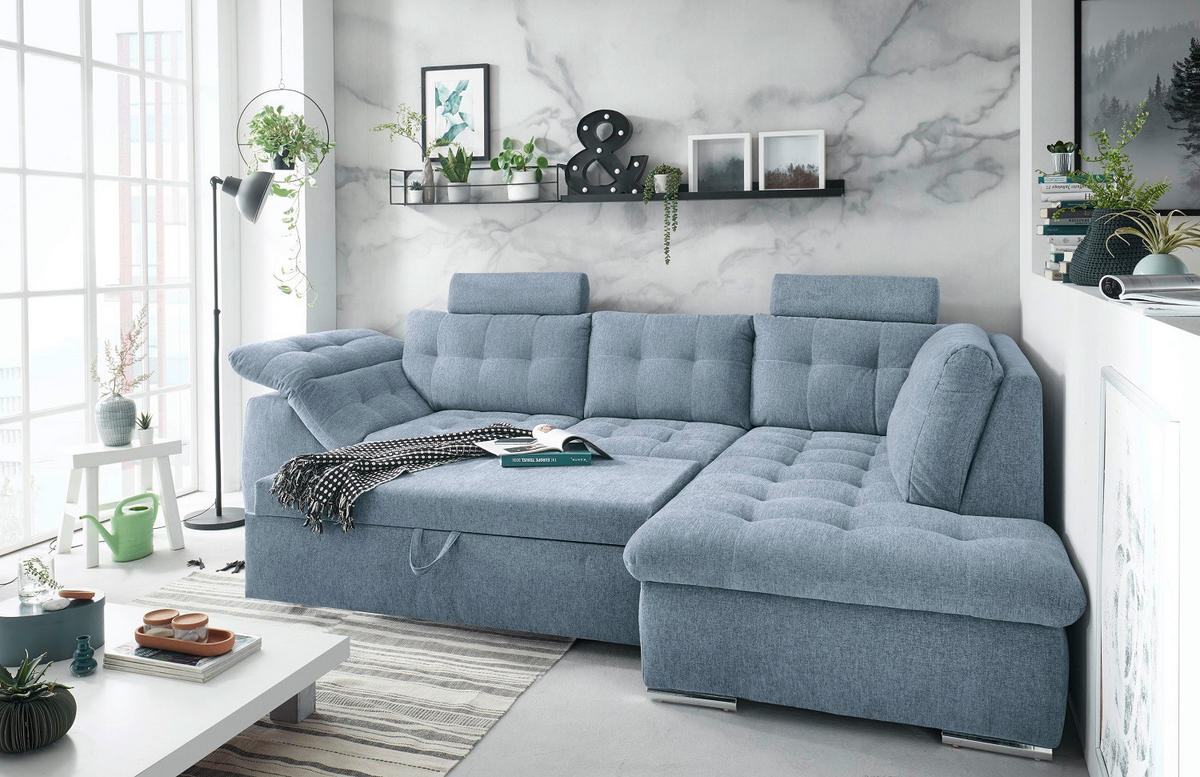 ECKSOFA Blau Mikrovelours  - Blau, KONVENTIONELL, Kunststoff/Textil (283/193cm) - MID.YOU