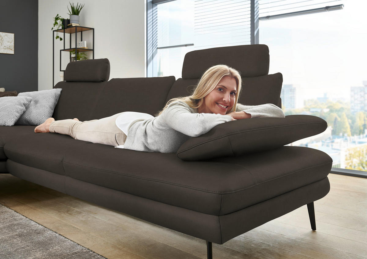 ECKSOFA in Echtleder Graubraun  - Graubraun/Schwarz, Design, Leder/Metall (180/310cm) - Dieter Knoll