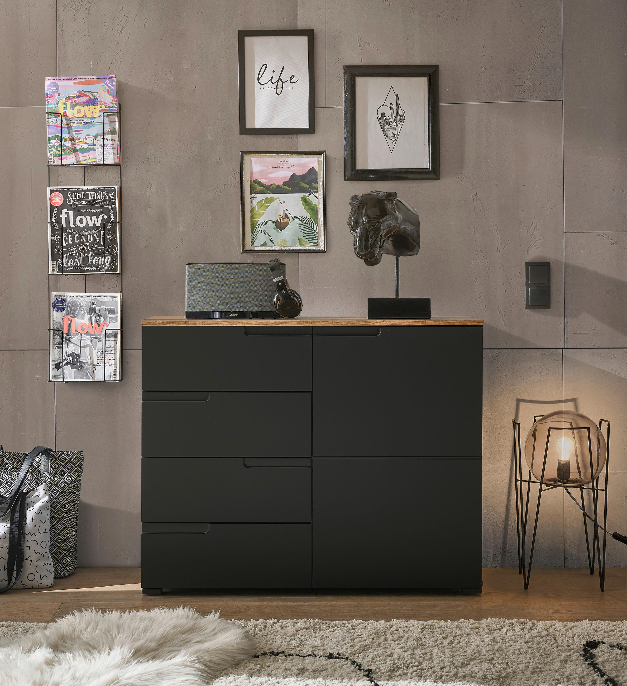 Thumbnail - Mid.you Kommode Swim, Schwarz, Eiche, Holzwerkstoff, 1 Fächer, 4 Schublade(n) Schubladen, 100x80x40 cm, Beimöbel erhältl...