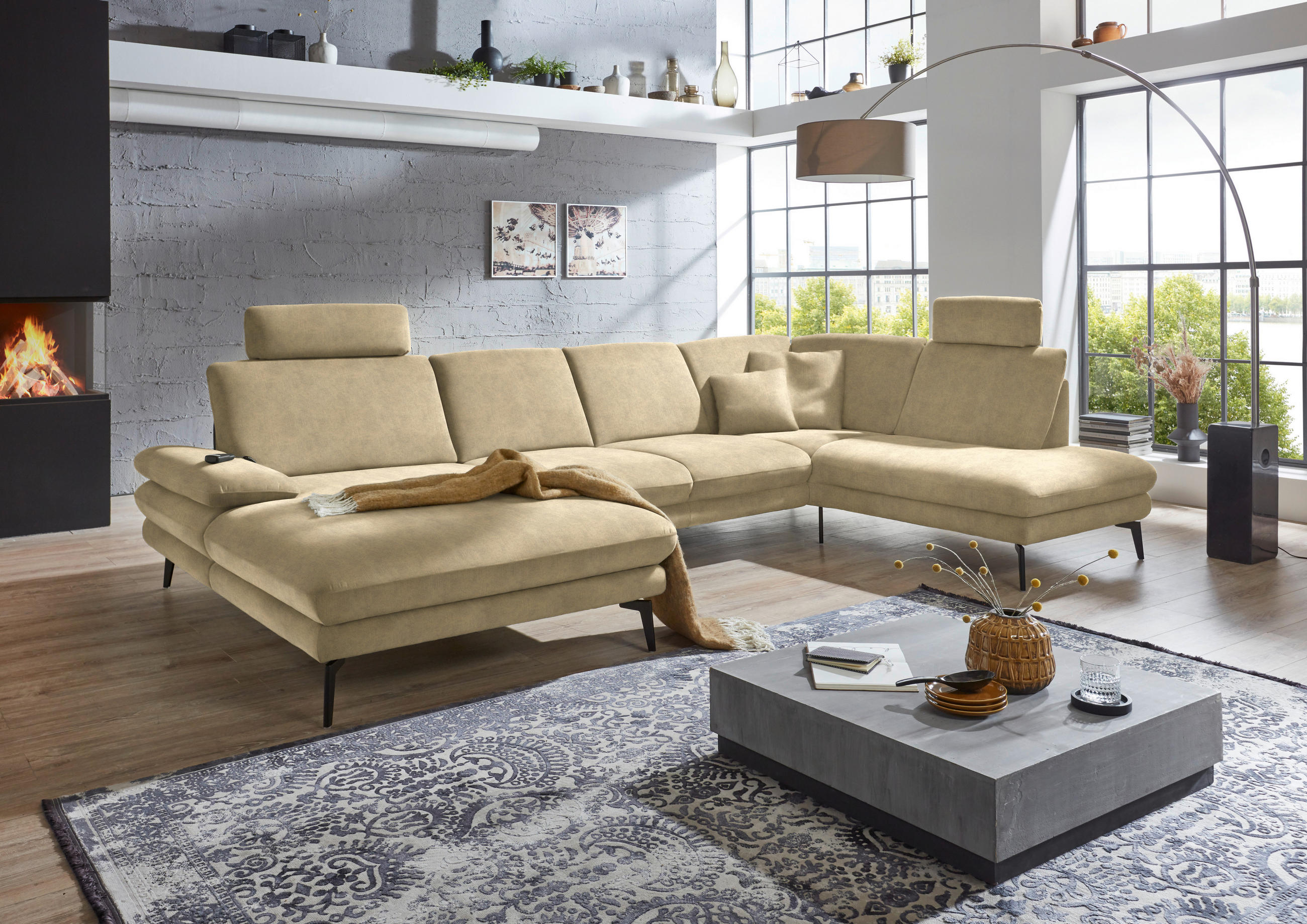 WOHNLANDSCHAFT in Velours Cappuccino  - Schwarz/Cappuccino, Design, Textil/Metall (180/344/208cm) - Dieter Knoll
