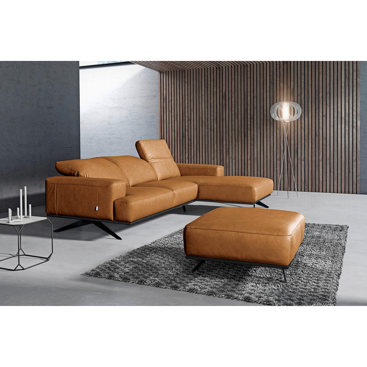 HOCKER Echtleder Cognac  - Cognac/Schwarz, Design, Leder/Metall (95/46/80cm) - Livetastic