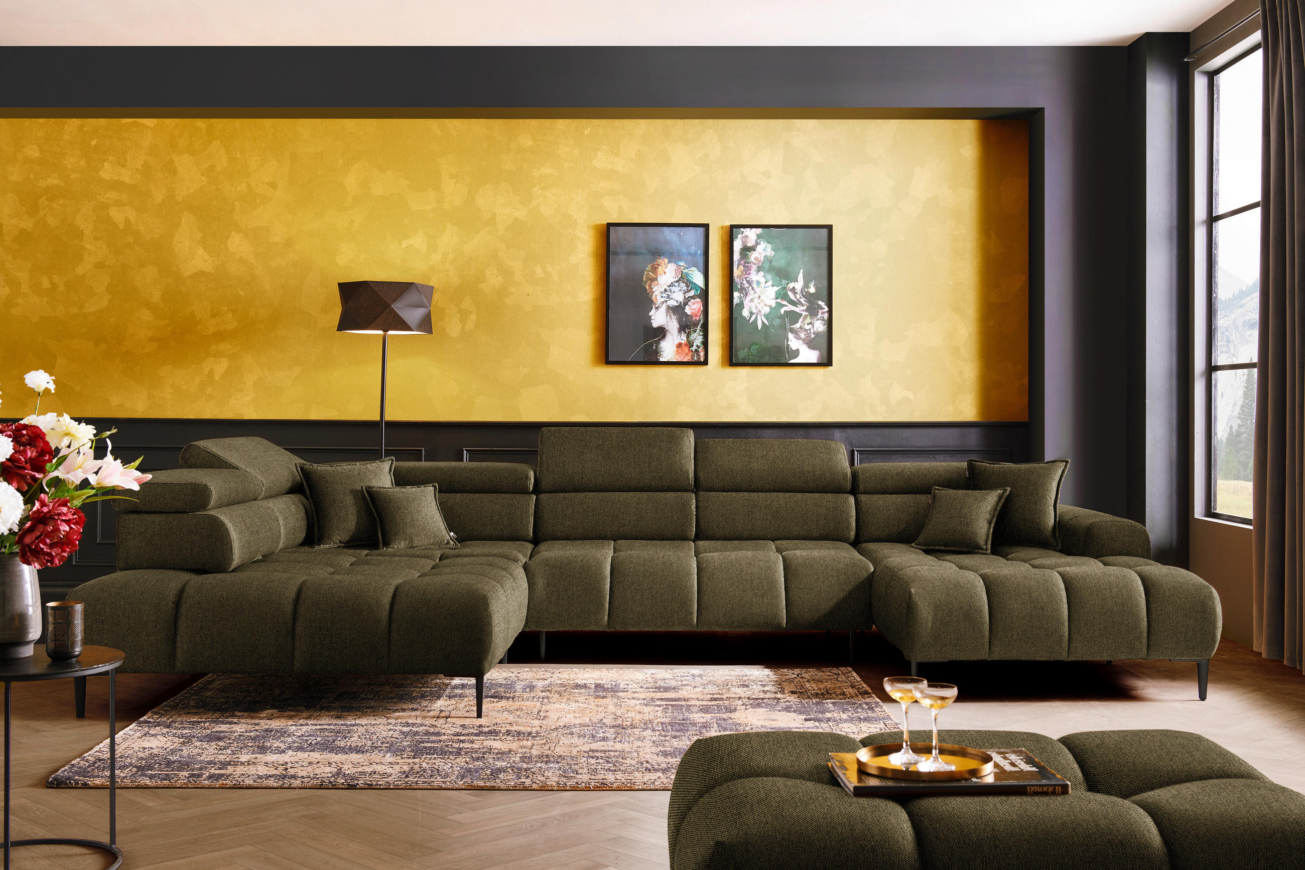 WOHNLANDSCHAFT Olivgrün Webstoff  - Schwarz/Olivgrün, Design, Textil/Metall (216/385/177cm) - Welnova