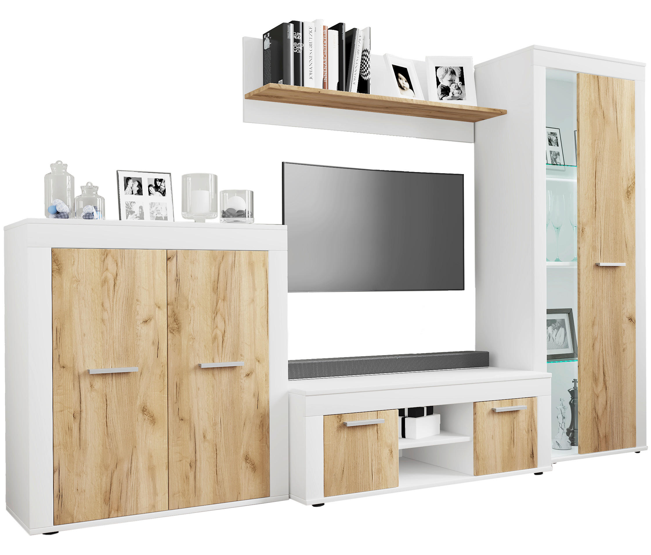 HYLLKOMBINATION 4 delar  i vit, honungsek  242/159/37 cm  - vit/honungsek, Design, trämaterial/glas (242/159/37cm) - MID.YOU