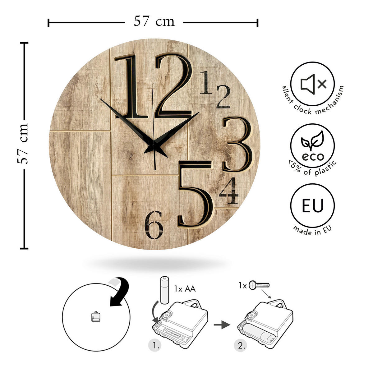 WANDUHR - Schwarz, Eichefarben  - Eichefarben/Schwarz, Basics, Holz/Kunststoff (57cm)