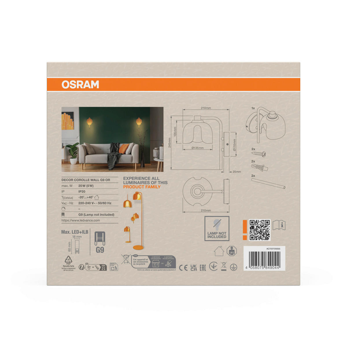 WANDLEUCHTE 13,5/21/24,5 cm   - Orange, Basics, Glas/Metall (13,5/21/24,5cm) - Osram
