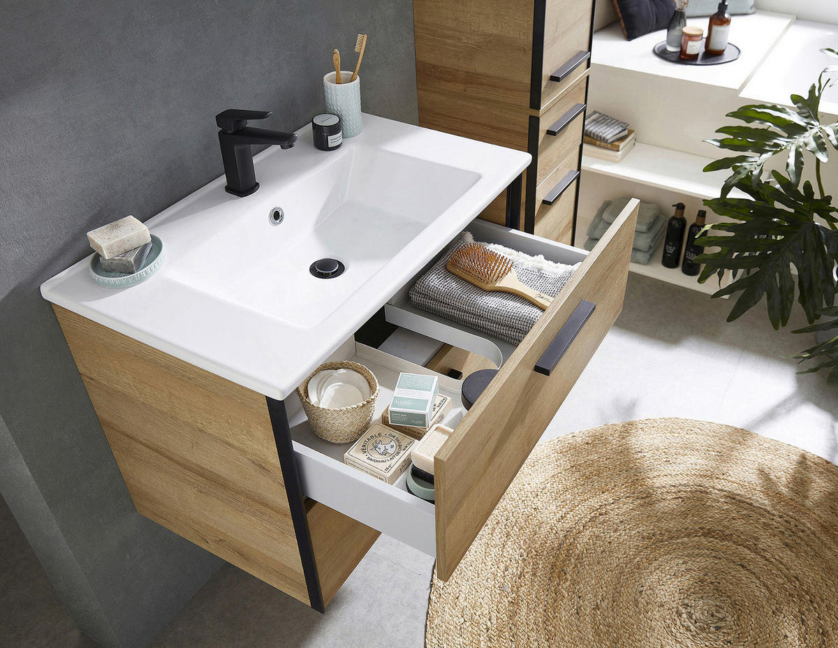 BADEZIMMER 3-teilig  in  - Eichefarben/Schwarz, Natur, Keramik/Holzwerkstoff (75/200/45cm) - Xora