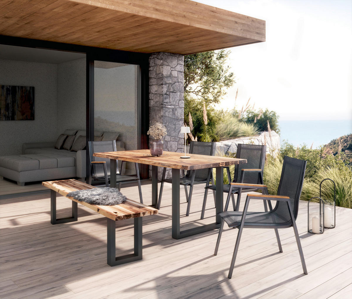 ZAHRADNÍ LAVICE dřevo, kov - černá/barvy akácie, Basics, kov/dřevo (180/40/45cm) - Ambia Garden