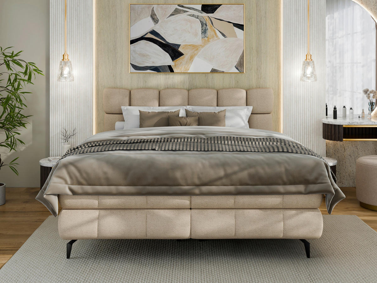 BOXBETT 180/200 cm,  in Beige, Bettkasten, Topper, H3 + H3 = fest  - Beige/Schwarz, Trend, Textil/Metall (180/200cm) - Esposa