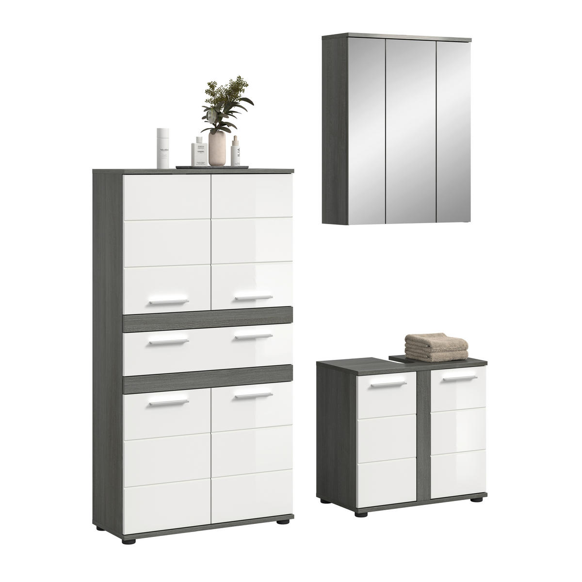 BADEZIMMER 3-teilig  in 145 cm  - Weiß Hochglanz/Silberfarben, Trend, Holzwerkstoff/Kunststoff (145cm) - MID.YOU