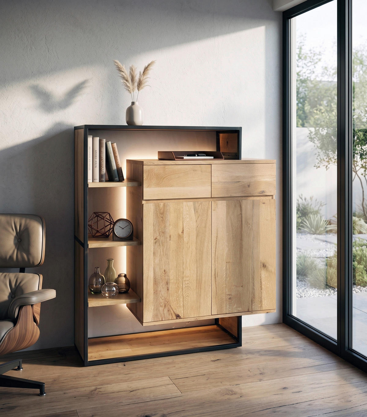 HIGHBOARD  120/130/40 cm 2 Schublade(n)  - Eichefarben/Schwarz, LIFESTYLE, Holz/Metall (120/130/40cm) - Landscape