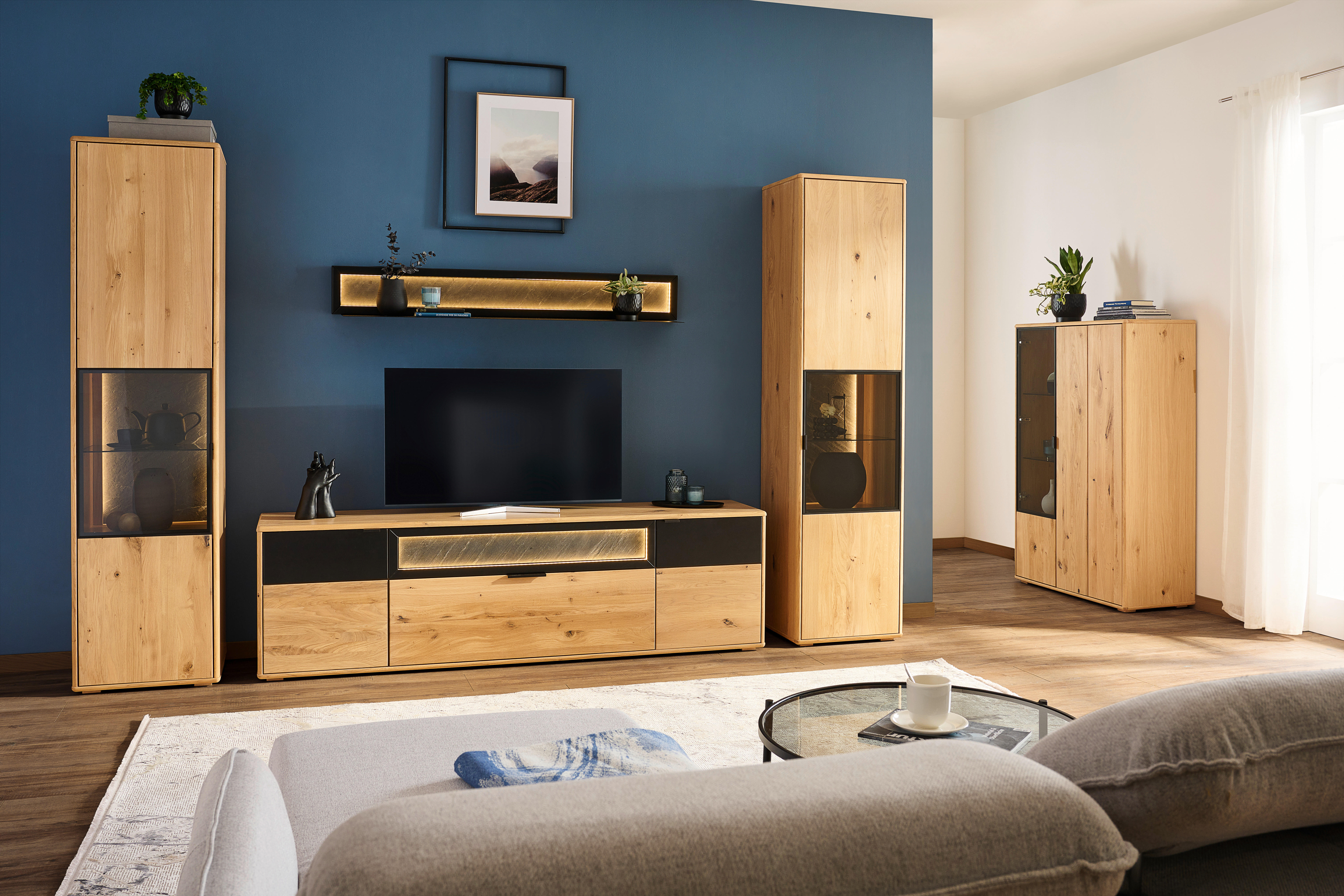 HIGHBOARD Eiche Bianco  91,1/140,8/42 cm  - Eiche Bianco/Schwarz, Natur, Glas/Holz (91,1/140,8/42cm) - Linea Natura