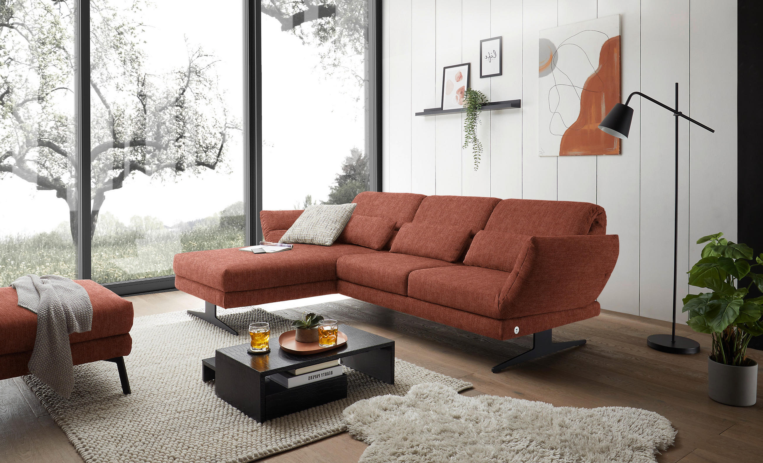 ECKSOFA in Flachgewebe Rostfarben  - Rostfarben/Schwarz, Design, Textil/Metall (176-217/279-327cm) - Dieter Knoll