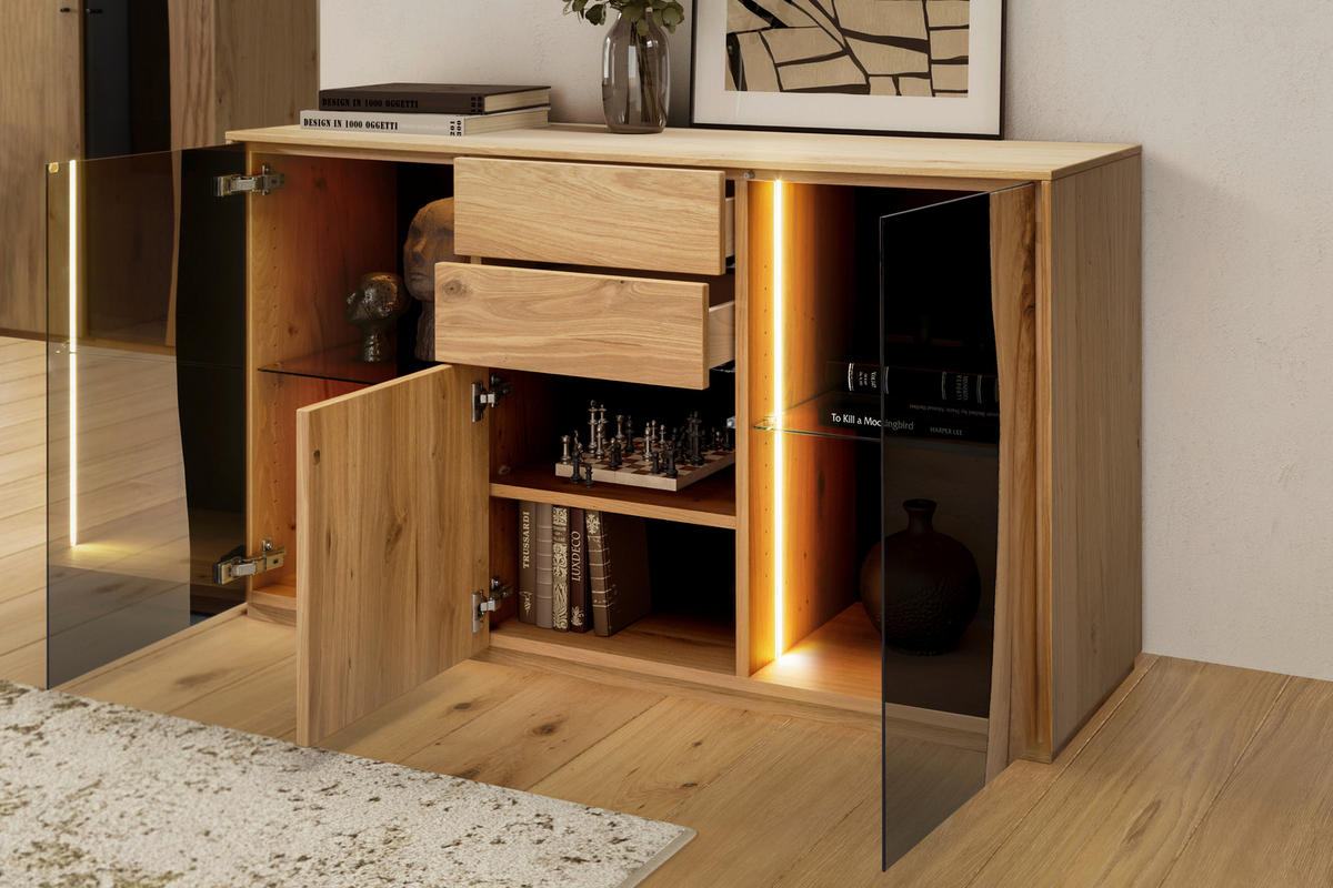 SIDEBOARD 137,7/79,3/43,8 cm  - Wildeiche/Grau, MODERN, Glas/Holz (137,7/79,3/43,8cm) - Moderano