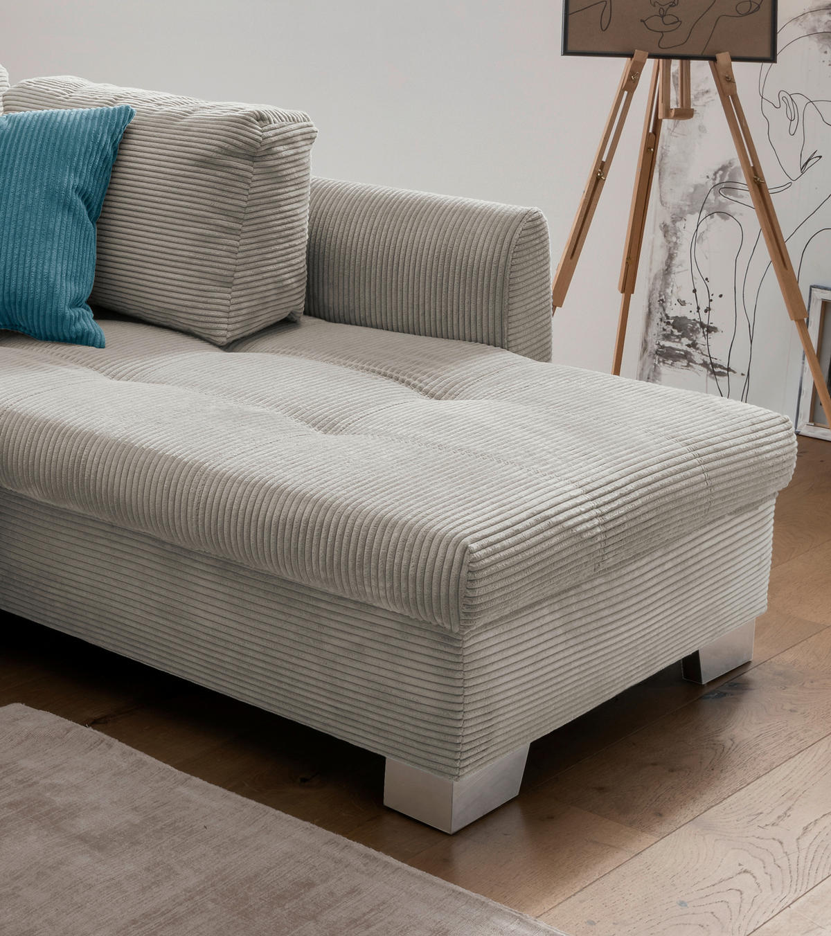 Wohnlandschaft in Cord Silberfarben  - Silberfarben/Petrol, Design, Holz/Textil (250/190cm) - MID.YOU