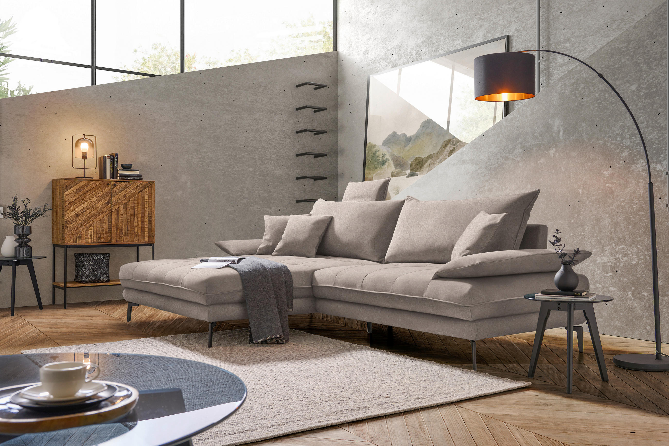 ECKSOFA in Flachgewebe Hellbraun  176/292 cm  - Hellbraun/Schwarz, MODERN, Textil/Metall (176/292cm) - Carryhome