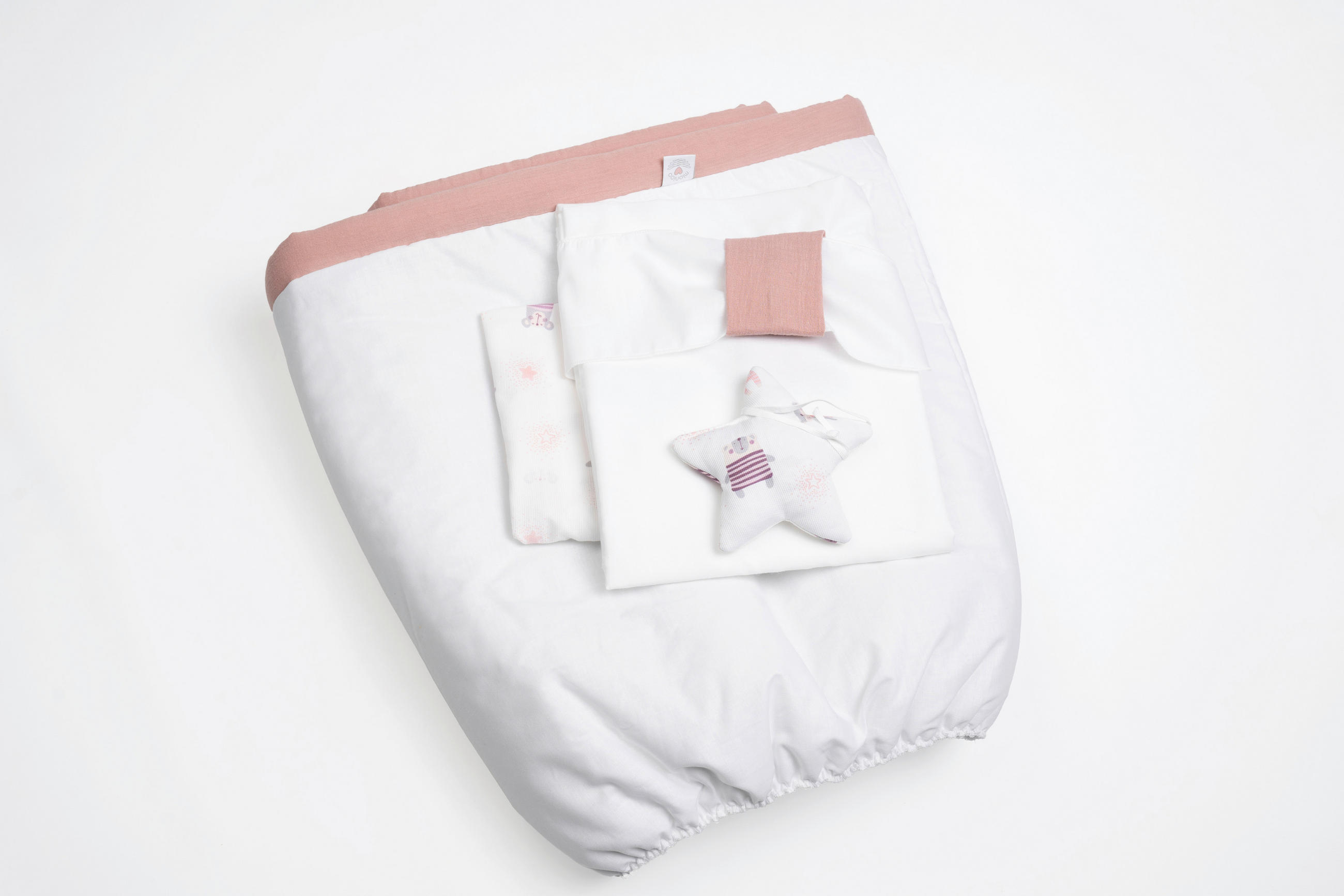 Mionido Stubenwagenset Pyjamabär Weiß, Hellrosa 130x180 cm