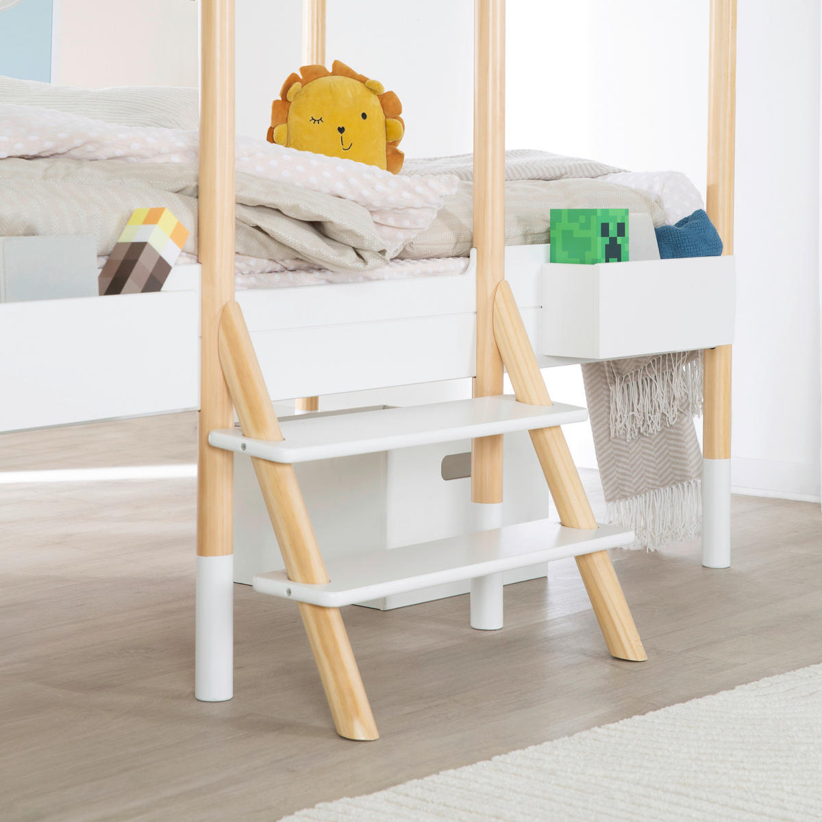 HAUSBETT 90/200 cm,  in Weiß, Kieferfarben, Leiter, Lattenrost  - Weiß/Kieferfarben, Basics, Holz (90/200cm) - Xora