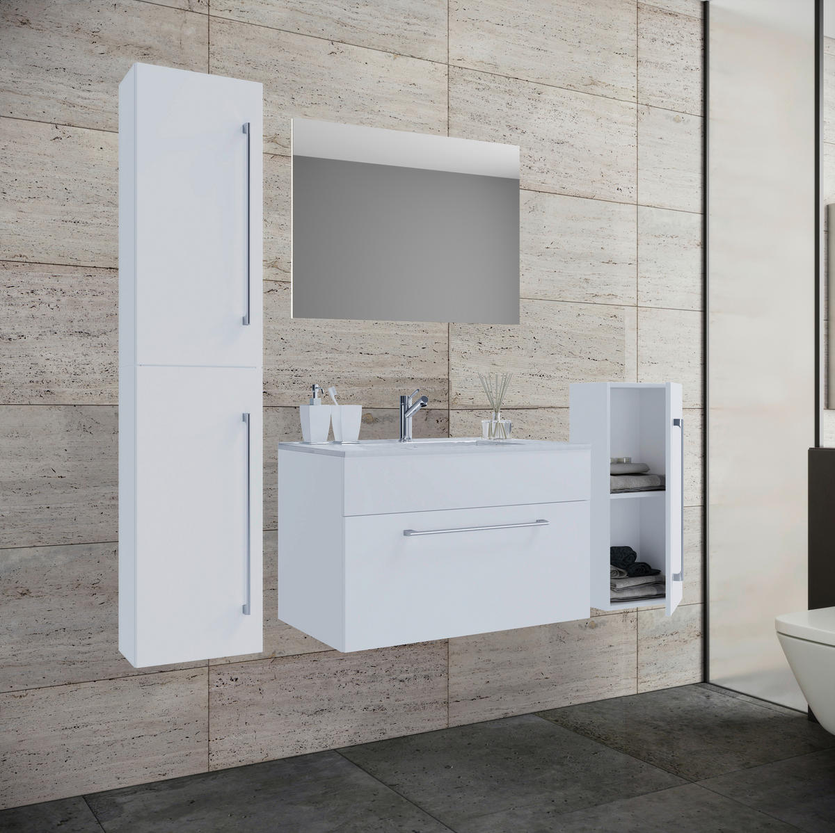 BADEZIMMER 5-teilig  in 146 cm  - Weiss/Alufarben, Modern, Keramik/Holzwerkstoff (146cm) - MID.YOU