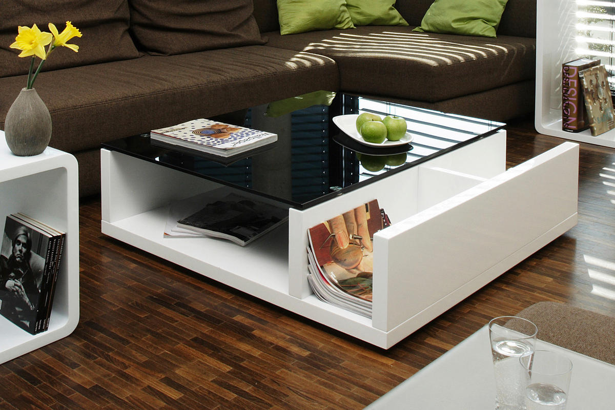 COUCHTISCH in Glas, Holzwerkstoff 100/100/30 cm  - Weiß Hochglanz/Schwarz, Design, Glas/Holzwerkstoff (100/100/30cm) - Livetastic