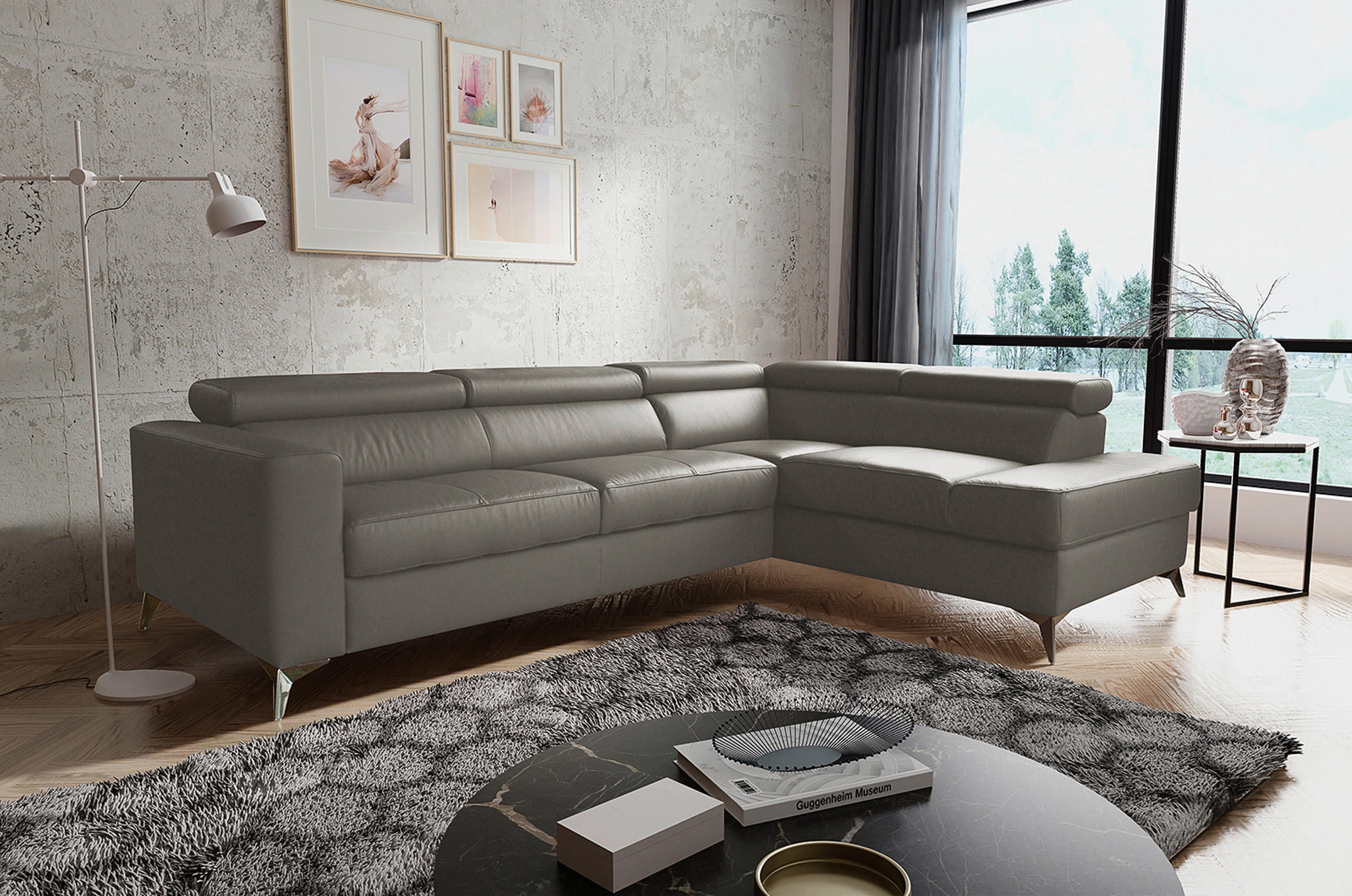 ECKSOFA in Lederlook Echtleder Schlammfarben  286/208 cm  - Chromfarben/Schlammfarben, Design, Leder/Textil (286/208cm) - Livetastic