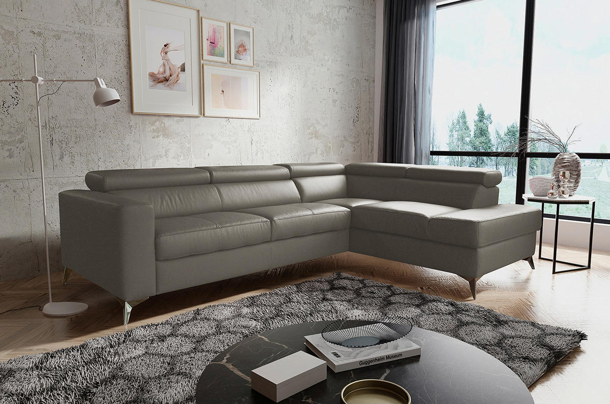 ECKSOFA in Lederlook Echtleder Schlammfarben  - Chromfarben/Schlammfarben, Design, Leder/Textil (286/208cm) - Livetastic
