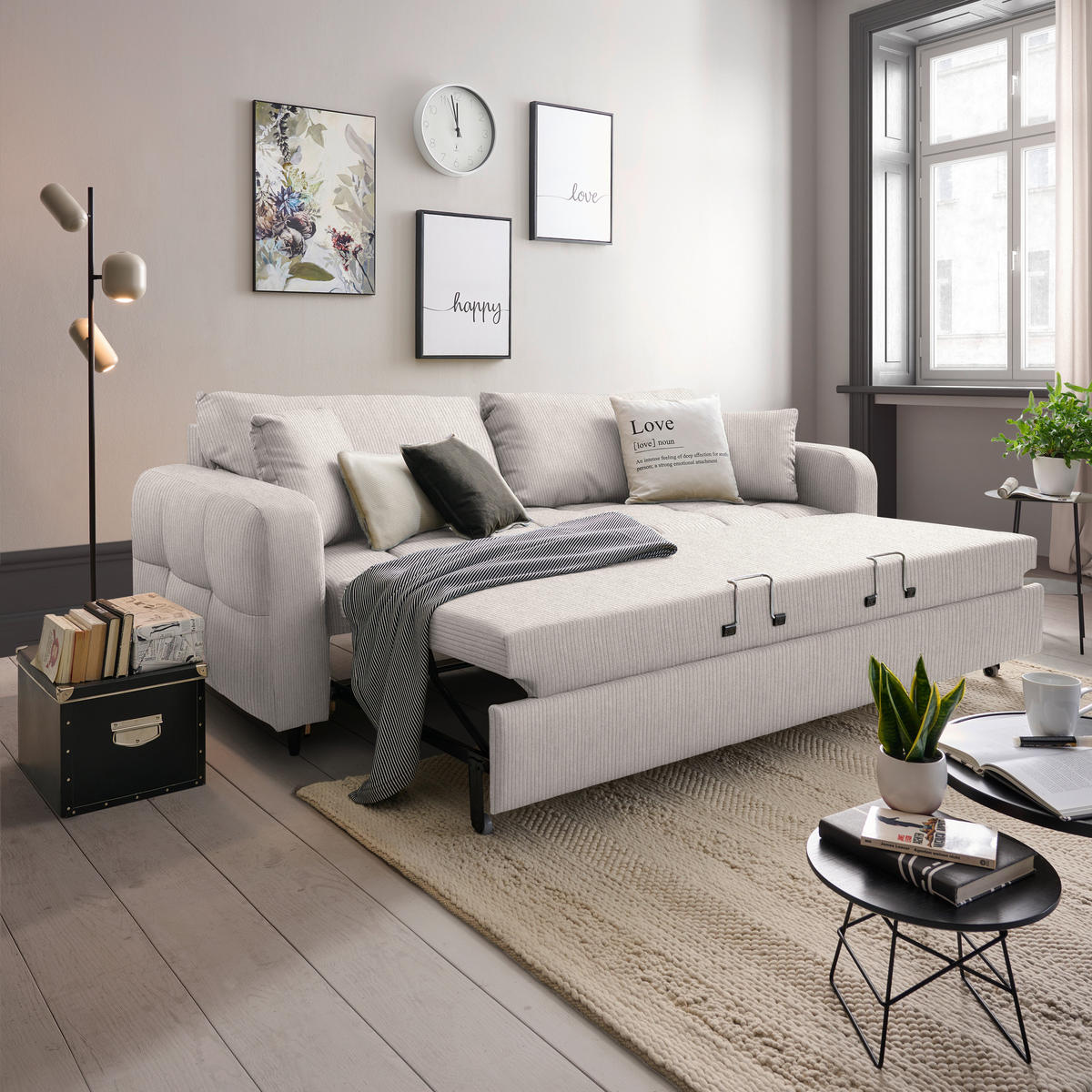 SCHLAFSOFA Cord, Velours Weiss Stoffauswahl, Bettfunktion erhältlich, Rücken echt, Armteil links, Armteil rechts  - Weiss/Schwarz, Design, Holz/Textil (236/88/101cm) - Lomoco