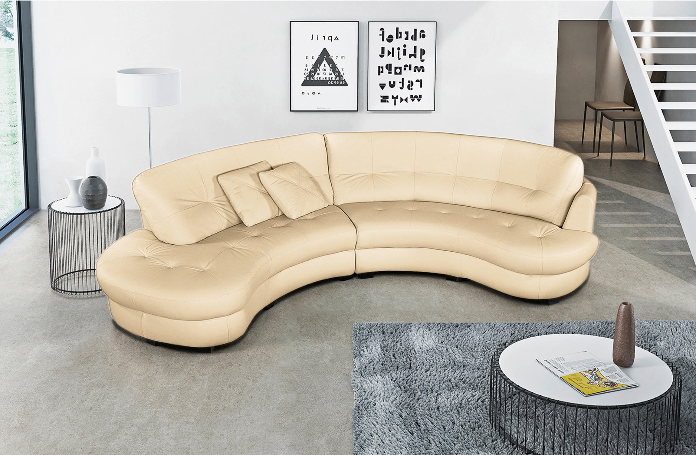 ECKSOFA Beige Echtleder Lederlook  - Beige/Schwarz, Design, Leder/Kunststoff (113/300cm) - Livetastic
