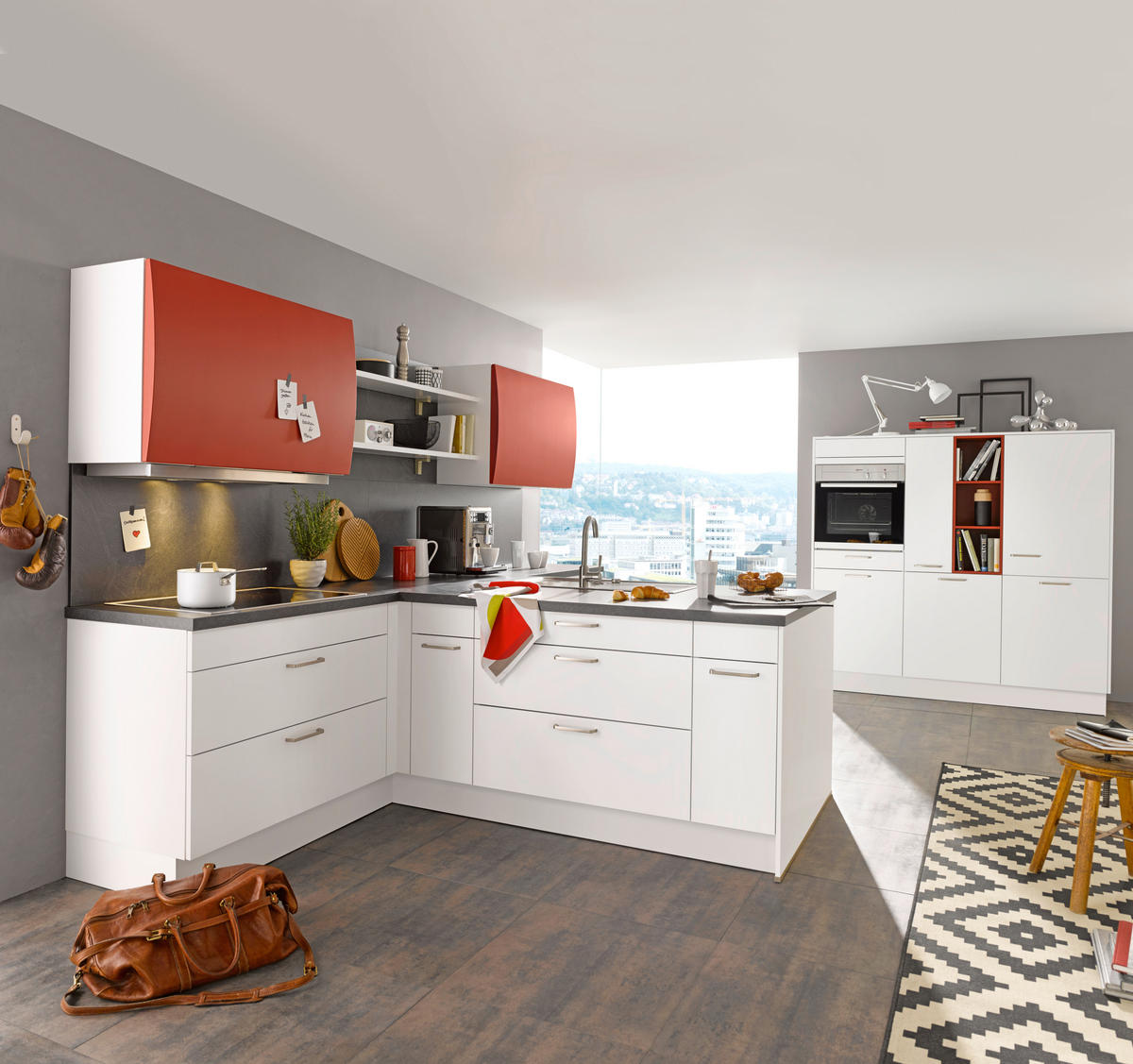 EINBAUKÜCHE   - Rot/Weiß, Design, Holzwerkstoff - Novel
