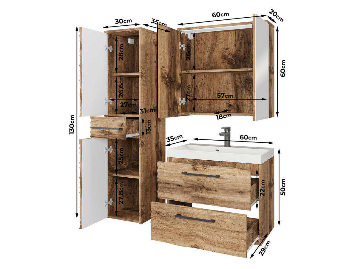 BADEZIMMER 4-teilig  in 90 cm  - Eiche Wotan/Schwarz, LIFESTYLE, Keramik/Holzwerkstoff (90cm) - P & B