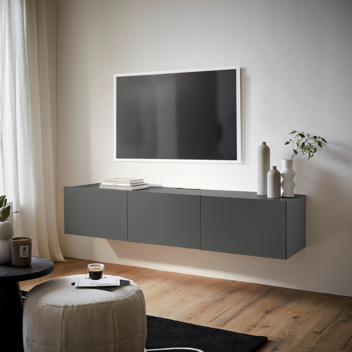 NÍZKÁ KOMODA, antracitová, 180/36,7/42 cm - antracitová, Design, kompozitní dřevo (180/36,7/42cm) - Hom`in