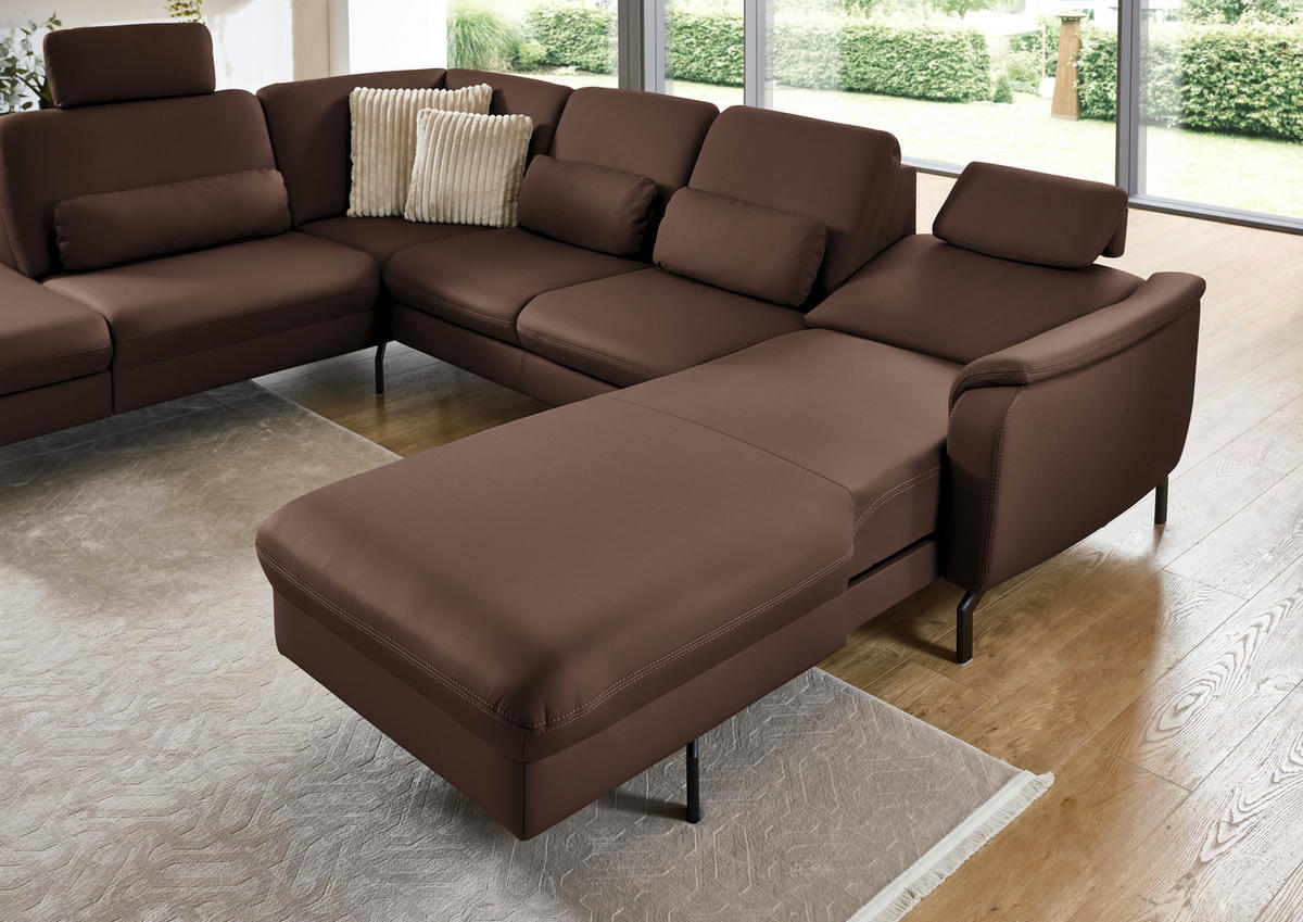 WOHNLANDSCHAFT Echtleder Mokka  - Schwarz/Mokka, Konventionell, Leder/Metall (224/306/168cm) - Beldomo Premium