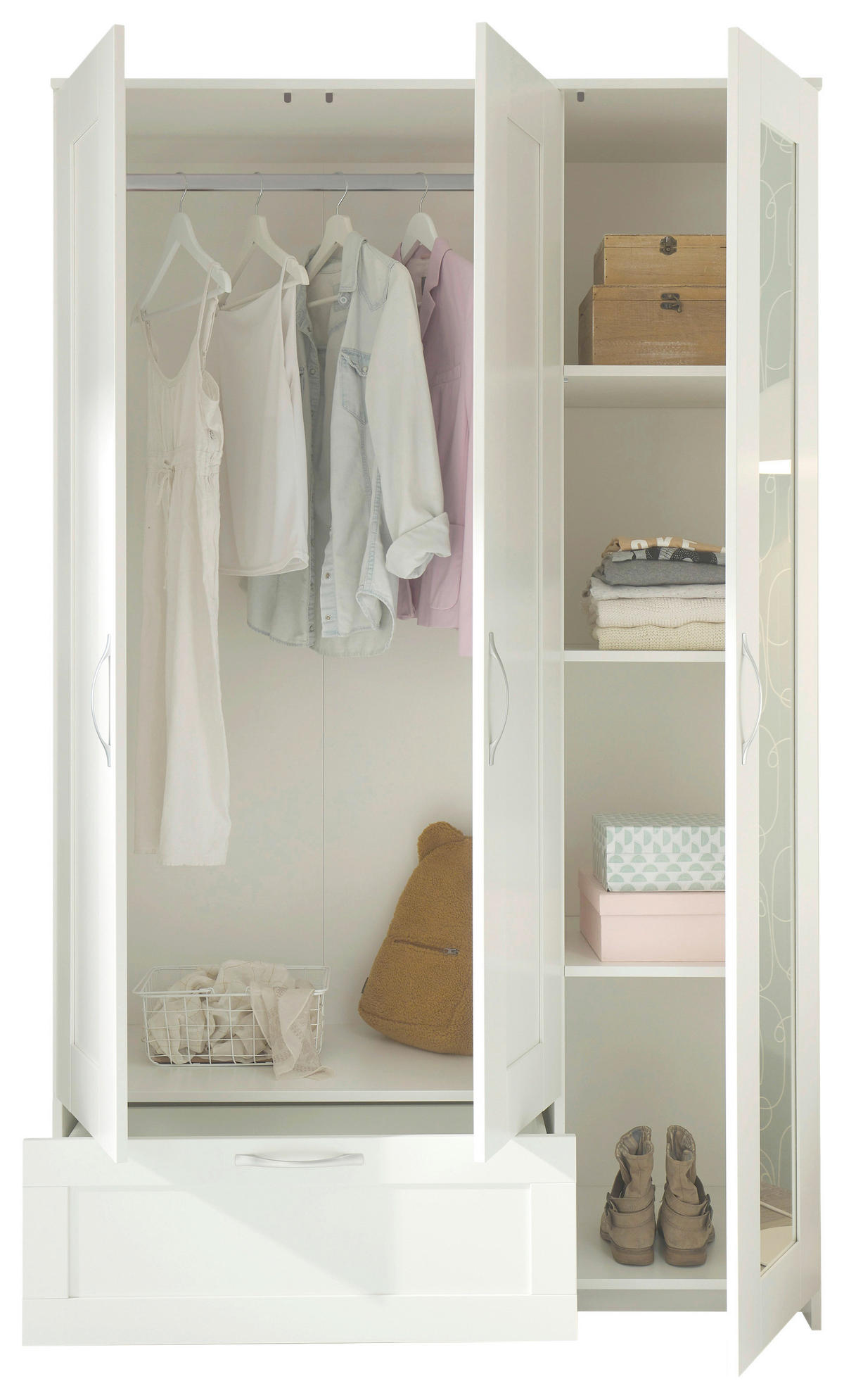KLEIDERSCHRANK 117/191/50 cm 3-türig Weiß  - Alufarben/Weiß, KONVENTIONELL, Glas/Holzwerkstoff (117/191/50cm) - Boxxx