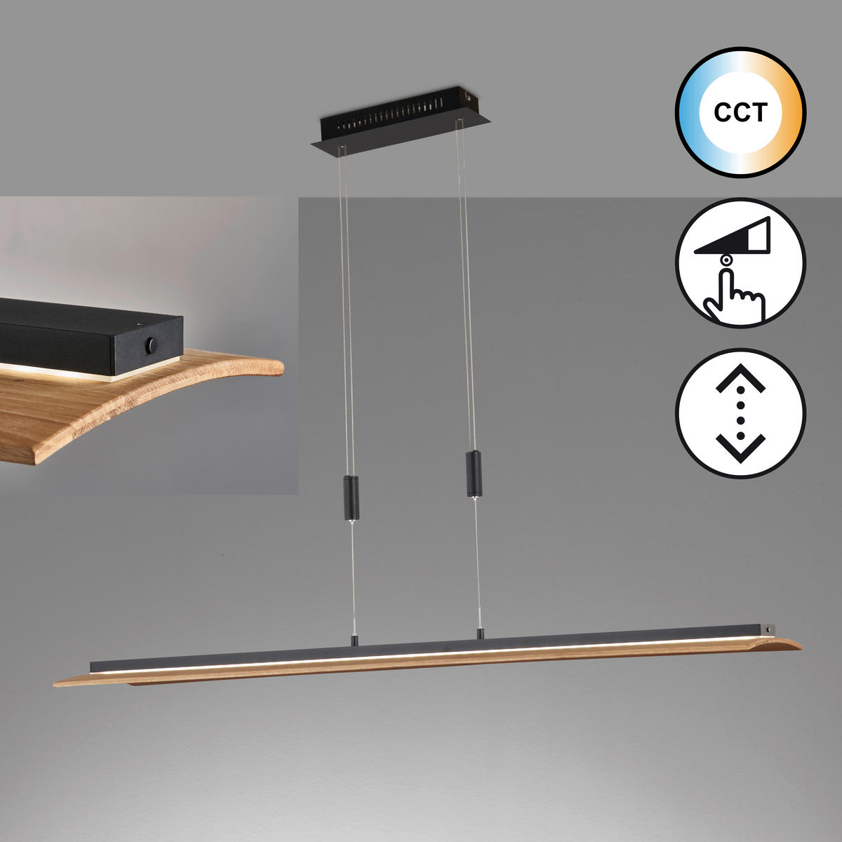 LED-HÄNGLAMPA Shine-Wood 125/22/93 cm  - svart, Natur, metall/trä (125/22/93cm) - Fischer & Honsel