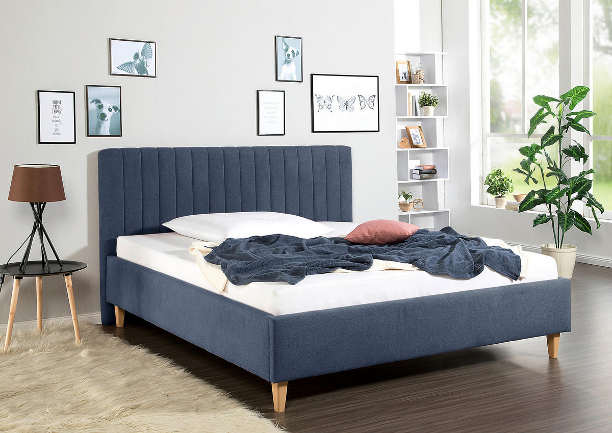 POLSTERBETT 160/200 cm,  in Blau,  - Blau/Naturfarben, MODERN, Holz/Textil (160/200cm) - Livetastic