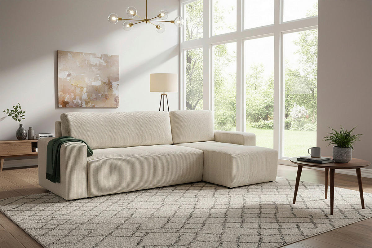 ECKSCHLAFSOFA  mit Cord Creme  - Creme/Schwarz, KONVENTIONELL, Textil (248/146cm) - Xora