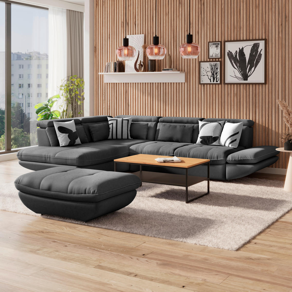 WOHNLANDSCHAFT Anthrazit Mikrofaser  - Anthrazit/Schwarz, MODERN, Kunststoff/Textil (311/233cm) - MID.YOU