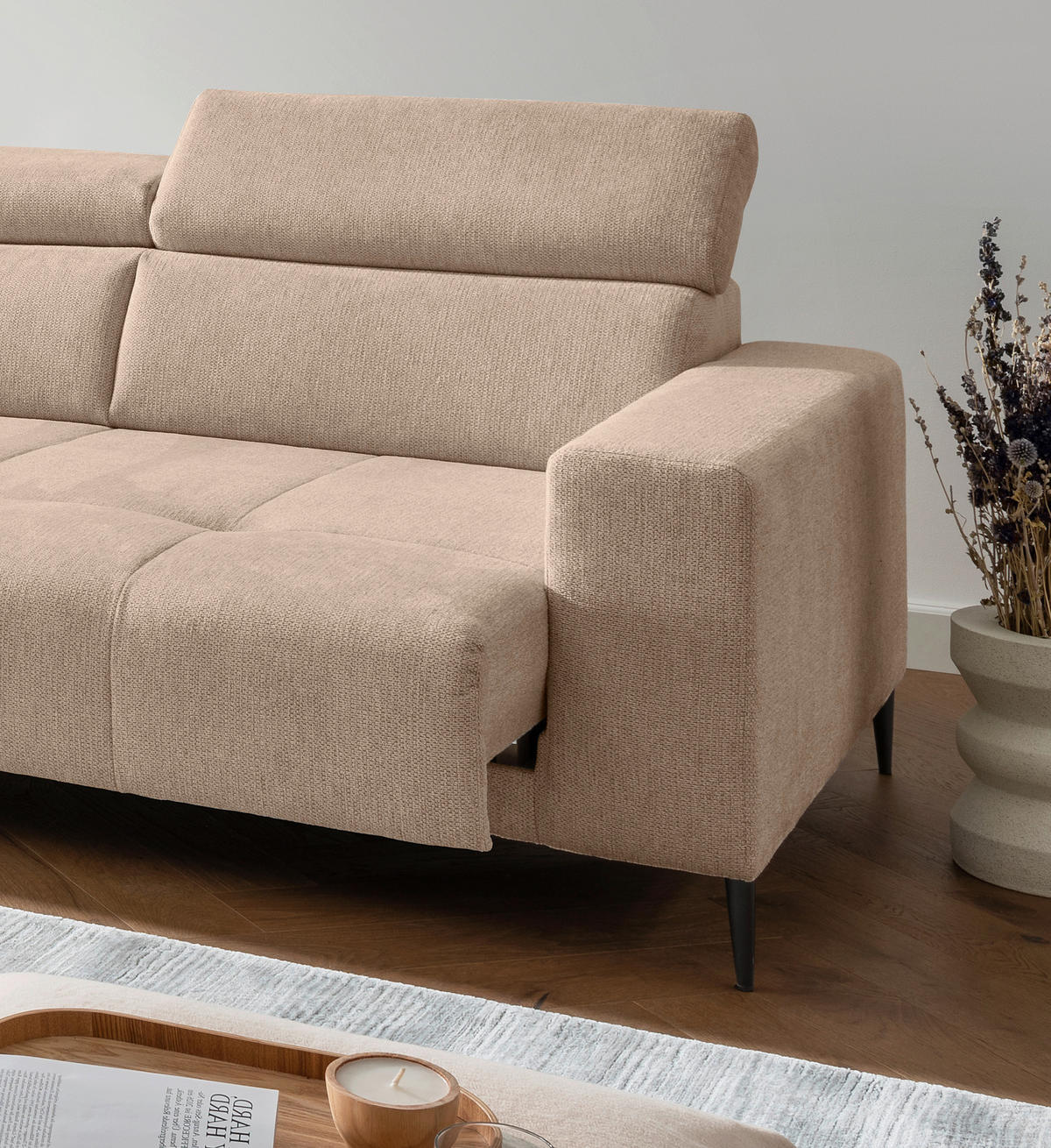 ECKSOFA INTERA Hellbraun Struktur Kopfteilverstellung, Sitzvorzug  - Hellbraun/Schwarz, KONVENTIONELL, Textil/Metall (225/305cm) - Livetastic