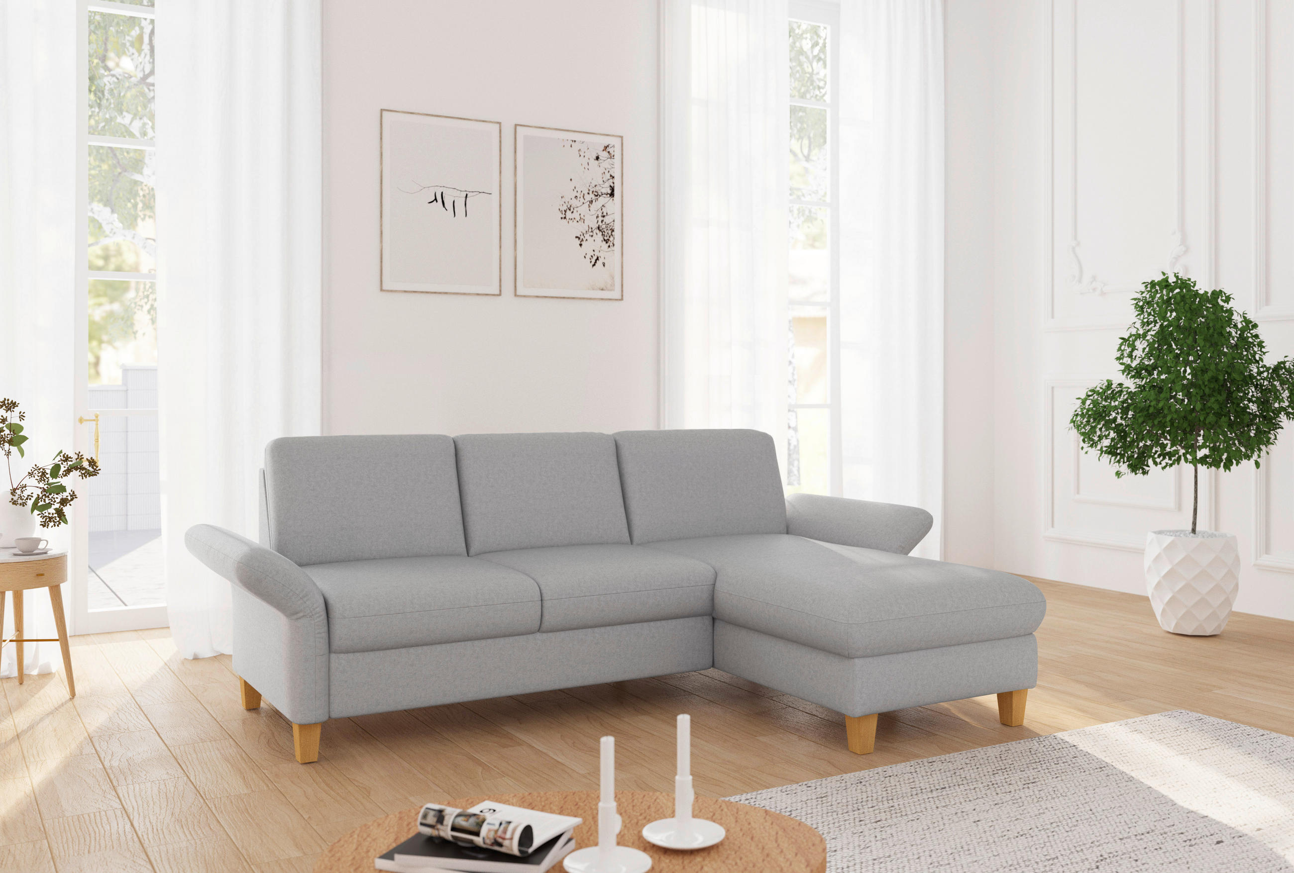 ECKSOFA ROCHELLE E Hellgrau Flachgewebe  - Eichefarben/Hellgrau, KONVENTIONELL, Holz/Textil (251/164cm) - Sit & More