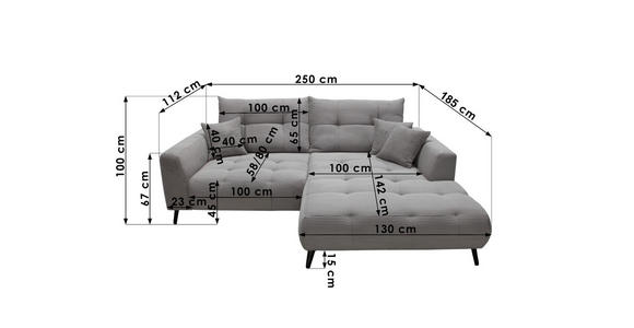 ECKSOFA  in Cord Weiß  185/250 cm  - Schwarz/Weiß, KONVENTIONELL, Textil/Metall (185/250cm) - Carryhome