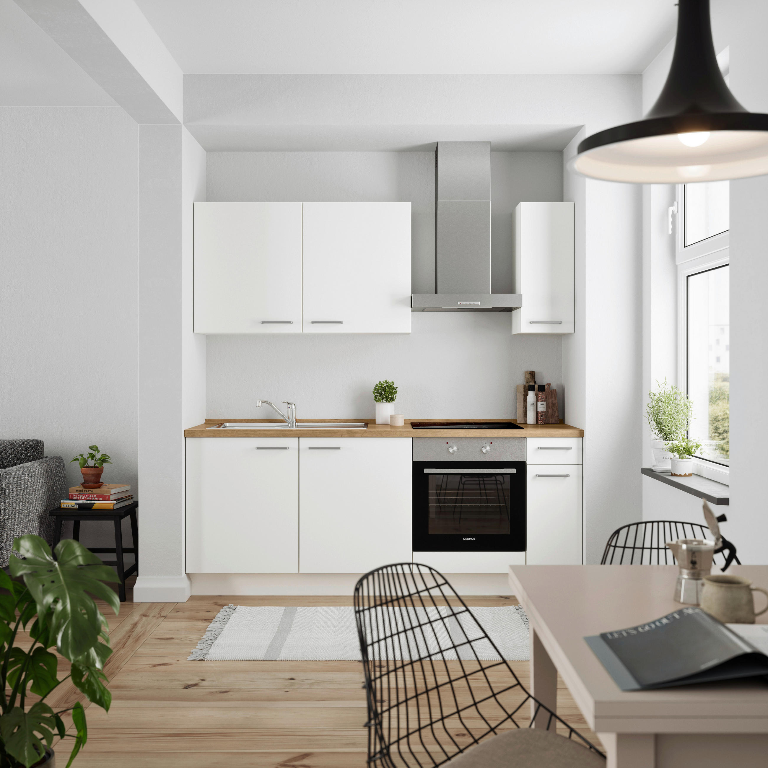 KÜCHENBLOCK Touch 210 cm  in Weiß, Eichefarben  - Edelstahlfarben/Eichefarben, MODERN, Holzwerkstoff/Metall (210cm) - Nobilia