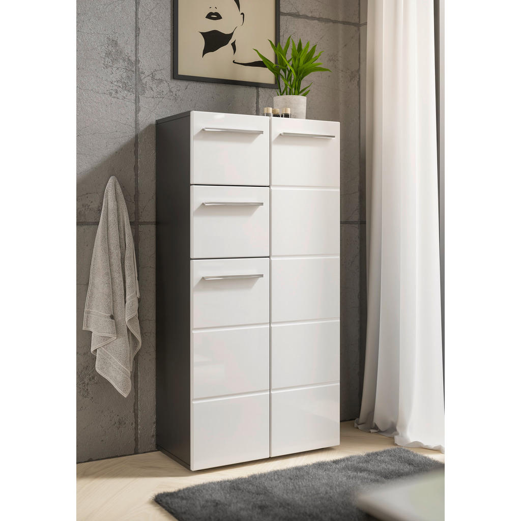 Thumbnail - Xora Midischrank, Anthrazit, Weiß Hochglanz, Kunststoff, 3 Fächer, 2 Schubladen, 60x121x31 cm, stehend, Badezimmer, Bade...