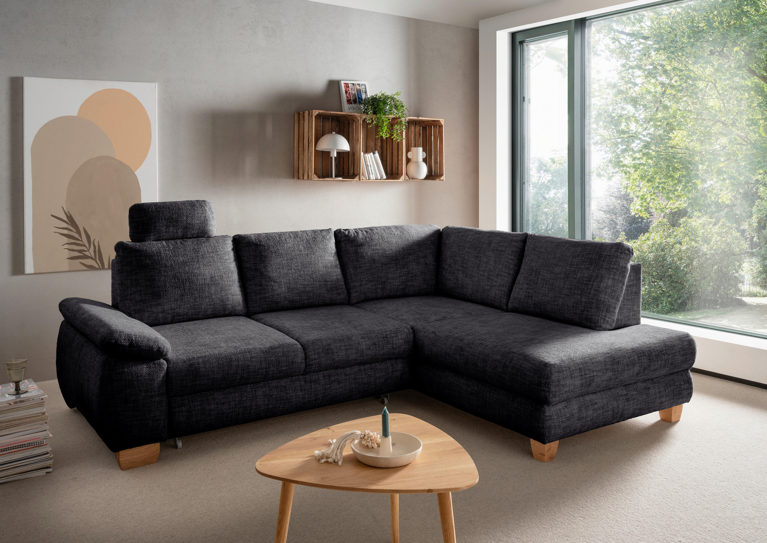 ECKSCHLAFSOFA Struktur Schwarz  - Wildeiche/Schwarz, MODERN, Holz/Textil (265/206cm) - Livetastic